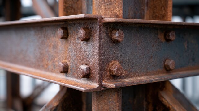 Close-up of rusted metal beams connected with bolts, showing corrosion and industrial texture