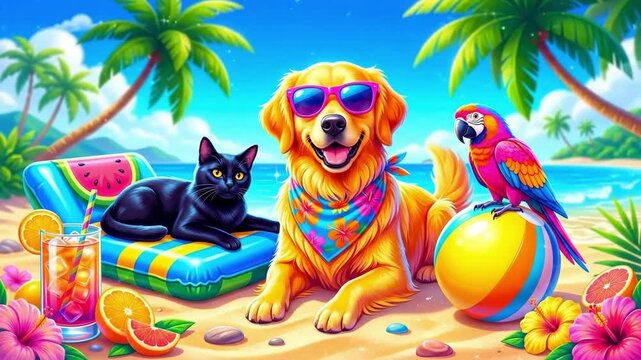 Golden retriever dog wearing sunglasses and colorful bandana relaxes on tropical beach. Vibrant cartoon illustration of summer pet vacation fun and relaxation concept