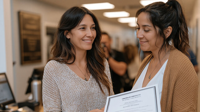 Nonprofit communications manager photographs female program participant receiving certificate at graduation ceremony inside workforce training center, documenting impact story for