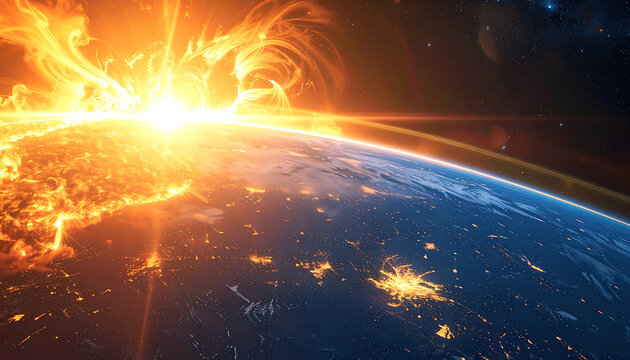 Planet Earth exploding with intense solar flare or energy burst, global illumination with city lights visible, cosmic background