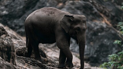 Obraz premium A powerful elephant traverses rugged rocky terrain in a dramatic outdoor setting suggesting a sense of mystery and wild explo n
