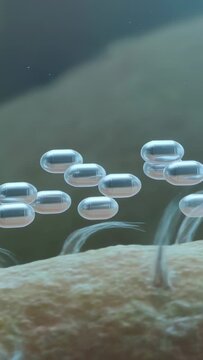 Vertical video: Elongating filaments lifting translucent oval beads above beige substrate, bobbing
