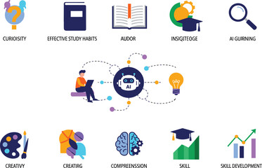 Fototapeta premium AI learning and smart education infographic vector elements for academic skill development presentation layouts and online school marketing campaigns.