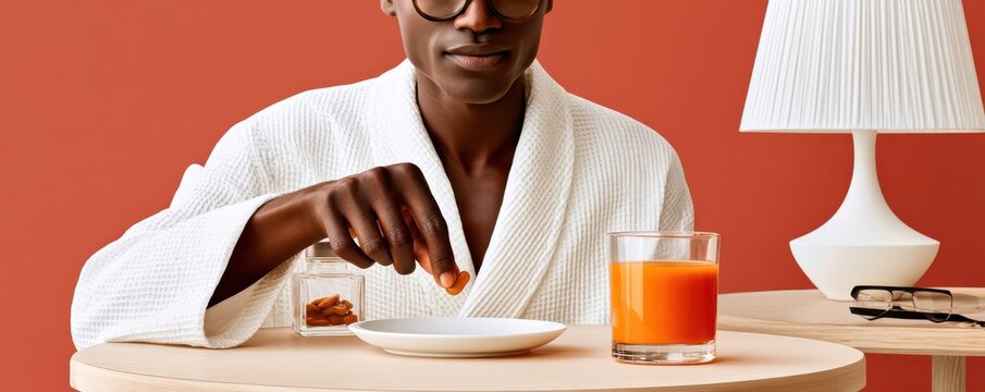 Hand in a white bathrobe taking a pill at bedside table with juice and lamp
