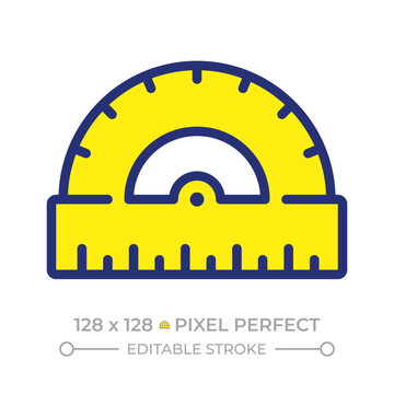 Protractor pixel perfect line color icon. Instrument to measure and draw angles. School and office essentials. Isolated vector illustration. Flat colorful symbol design. Editable stroke