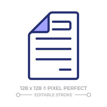 Document pixel perfect line color icon. Paper sheet with bent corner. Digital file. School and office essentials. Isolated vector illustration. Flat colorful symbol design. Editable stroke
