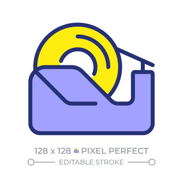 Scotch tape pixel perfect line color icon. Adhesive foil with cutter. Surfaces sticking. School and office essentials. Isolated vector illustration. Flat colorful symbol design. Editable stroke