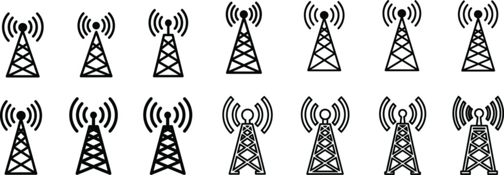 Collection of cellular tower icons in varying styles on a white background