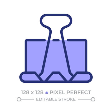 Binder clip pixel perfect line color icon. Attaching paper sheets together. School and office essentials. Isolated vector illustration. Flat colorful symbol design. Editable stroke