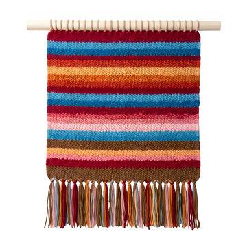 Colorful woven wall hanging with tassels and wooden rod isolated on transparent background