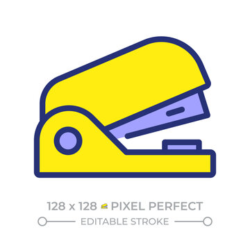 Stapler pixel perfect line color icon. Fastening tool to bind sheets of paper. School and office essentials. Isolated vector illustration. Flat colorful symbol design. Editable stroke