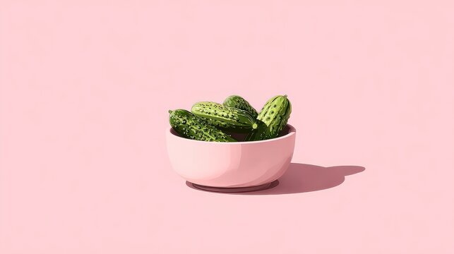Small green gherkins rest inside a light pink ceramic bowl set against a solid pale rose background.
