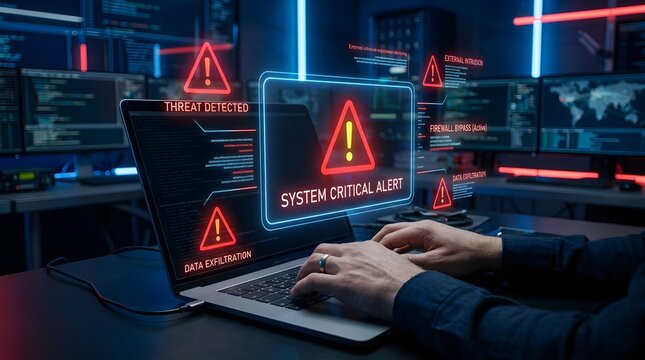 Cyber threat alert, system warning, hacker attack, computer security breach, warning signs