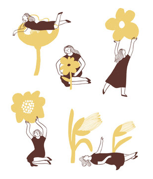Girl cartoon characters with flowers
