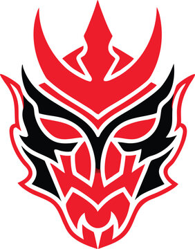 Red and black demon head logo with sharp teeth