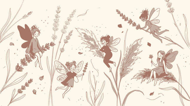 Line art drawing of cute fairies playing in wild lavender and grass