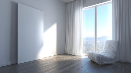 Fototapeta premium Minimalist indoor space features bright natural light illuminating a reclining chair and blank wall panel