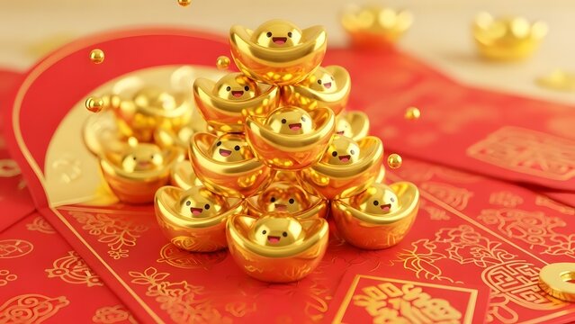 Smiling golden ingots stacked on festive red envelopes, symbolizing prosperity for Chinese New Year.