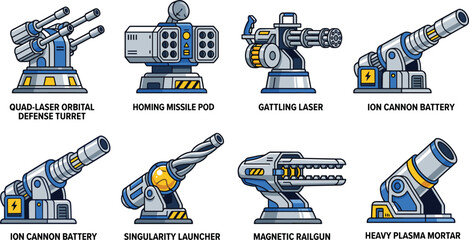 Futuristic sci-fi turret and space defense artillery weapon icon set featuring game combat artillery vectors © MstMinara