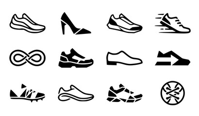 Fototapeta premium Modern abstract shoes symbol vector clipart set with minimalist clean outline sneaker boutique footwear and apparel logo graphics black and white