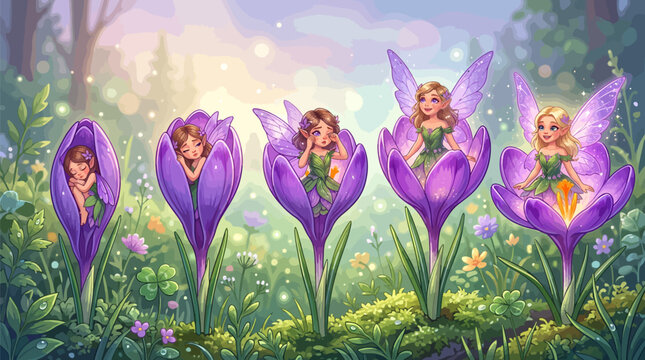 Tiny fairies sleeping and waking up inside giant purple spring crocus flowers