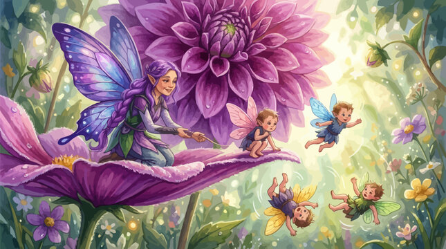 A fairy mother teaching tiny baby fairies to fly in a lush flower garden