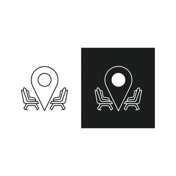 Location pin icon with two chairs on a black background location destination reference