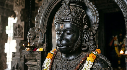 Fototapeta premium Intricate ancient deity sculpture adorned with vibrant flower garlands capturing traditional craftsmanship and spiritual