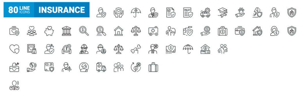 Professional set of 80 insurance line icons for financial planning and risk coverage