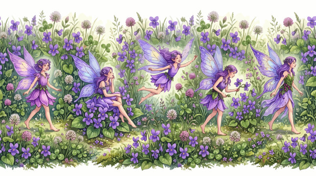 Seamless border pattern of cute fairies playing in a purple clover and violet
