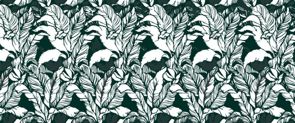 Fototapeta premium Bold white tropical banana leaf pattern on dark green background for textile design