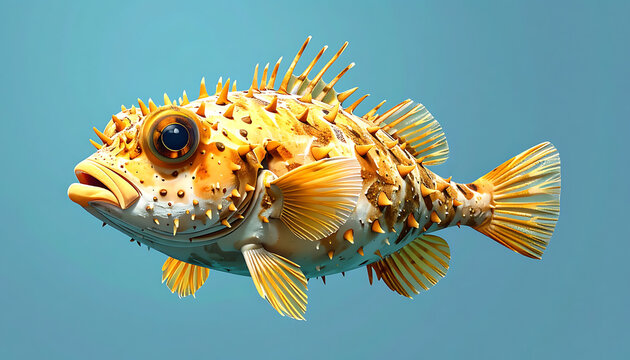 Pufferfish inflated with spiky texture underwater, showing big eyes and open mouth, marine life concept