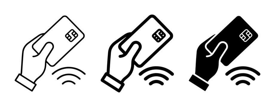 Contactless Payment Icons: Hand Holding Credit Card, NFC Technology, Wireless Transaction Set