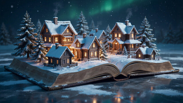 Magical miniature winter village pop up book with glowing houses and snow covered pine trees at night