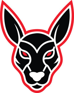 Powerful stylized dingo head logo with vivid red eyes for sports teams and brand identities