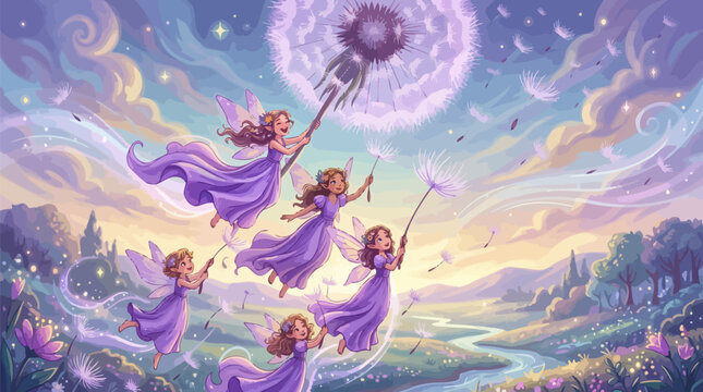 Group of whimsical fairies flying in a meadow holding dandelion seed heads