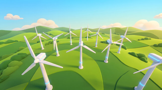 White wind turbines on green rolling hills under a clear blue sky with fluffy clouds