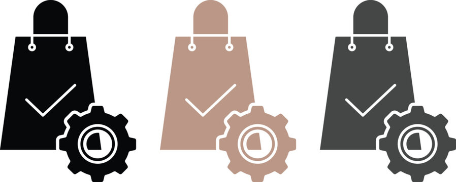 Shopping bag icon set with check mark and gear settings symbol for retail management and e-commerce order processing and configuration flat design
