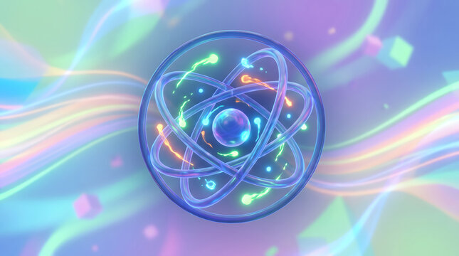 Colorful light trails swirling around a glowing atomic structure in digital illustration