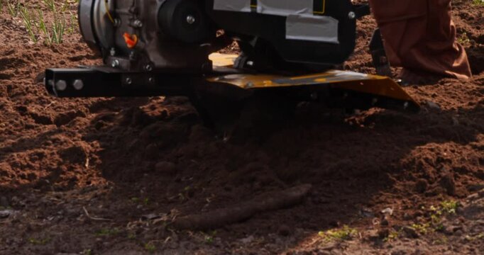 Close up view of a farmer plowing the fertile soil with a cultivator, preparing the garden bed for spring planting with agricultural machinery and loosening the dark earth for a new crop.