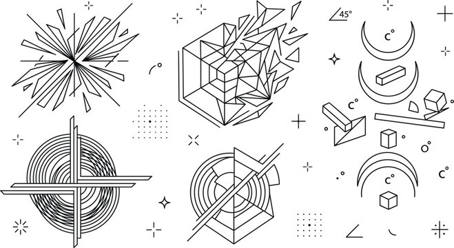 Abstract Geometric and Shattered Cube Vector Set with Futuristic SciFi Engineering Design Elements