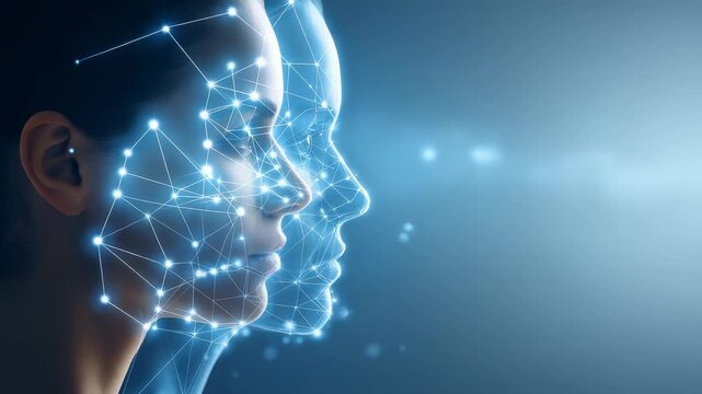 A woman&rsquo;s face merges with a digital hologram, symbolizing the connection between artificial intelligence and human identity. Futuristic technology and innovation are highlighted