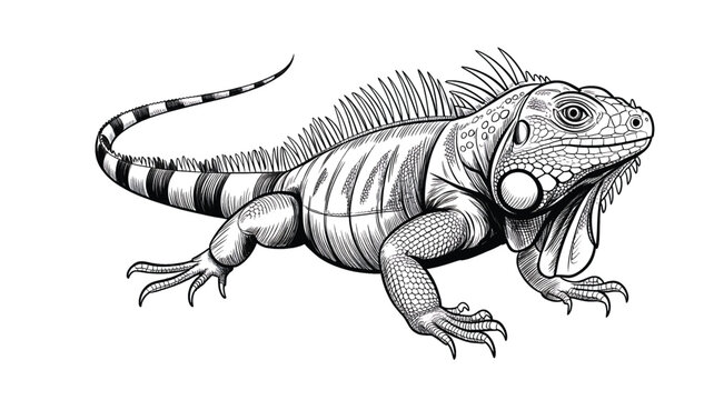 A detailed black and white pencil sketch of an iguana is presented.
