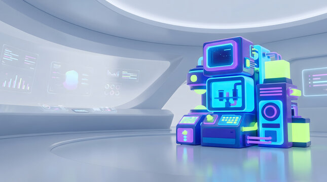 Futuristic tech style robot control console equipment with glowing blue purple neon interfaces and modular stacked components