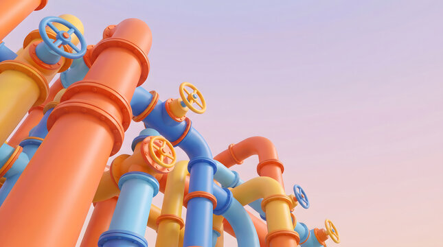 Colorful 3D illustrated pipeline valves and industrial piping system design elements