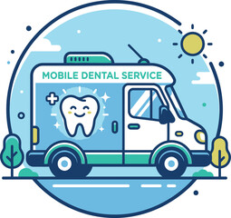 Fototapeta premium Mobile dental service van with a cute smiling tooth icon in a flat vector style design for healthcare marketing