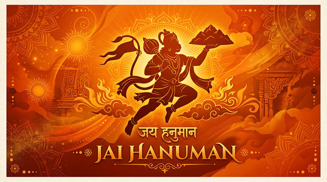 Vibrant depiction of Lord Hanuman with a fiery background celebrating energy and devotion in traditional Indian art style with