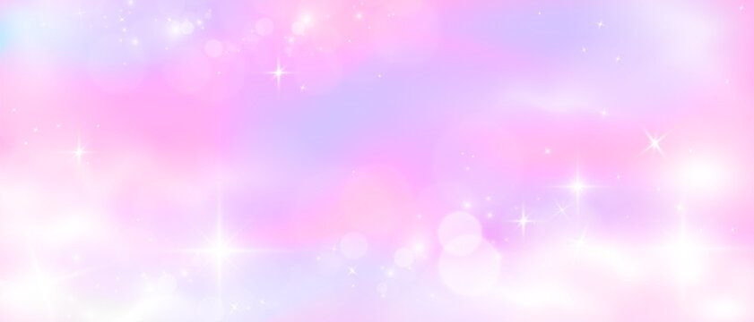Pink holographic sky glowing with soft pastel gradients and shimmering bokeh particles creating dreamy iridescent backgrounds for magical designs and fairy-tale visuals