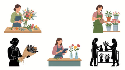 Fototapeta premium Professional vector collection featuring 6 different florist character poses, arranging flower bouquets, caring for flowers, creating floral designs, preparing flower orders