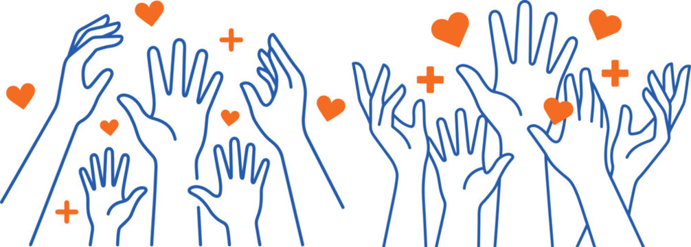 Line art illustration of hands reaching and hearts floating with plus signs